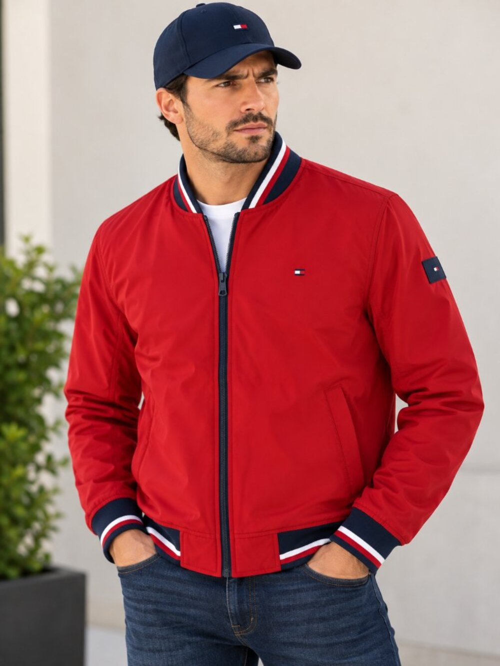 Tommy Hilfiger Men’s Red Bomber Jacket Water & Wind Resistant Size M